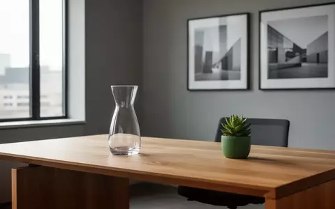 Ein minimalistischer, moderner Schreibtisch mit einer Glaskaraffe und einer Pflanze bei natürlichem Tageslicht. - Foto: über boerse-global.de