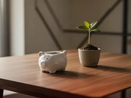 Ein minimalistischer Schreibtisch mit einer leeren Spardose und einer kleinen Pflanze in einem hellen Raum. - Foto: über boerse-global.de
