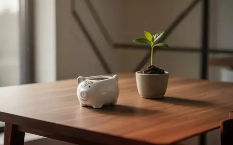 Ein minimalistischer Schreibtisch mit einer leeren Spardose und einer kleinen Pflanze in einem hellen Raum. - Foto: über boerse-global.de