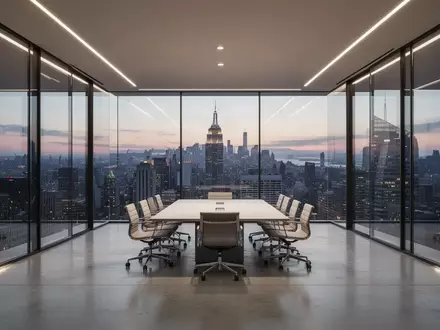 Ein minimalistischer, moderner Konferenzraum mit Glaswänden und Blick auf eine nächtliche Skyline. - Foto: über boerse-global.de