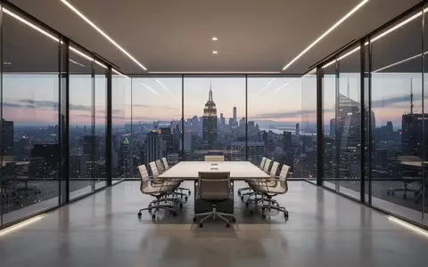 Ein minimalistischer, moderner Konferenzraum mit Glaswänden und Blick auf eine nächtliche Skyline. - Foto: über boerse-global.de