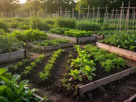 Ein sonnendurchfluteter Gemüsegarten mit ordentlichen Beeten und grünen Pflanzen in natürlichem Licht. - Foto: über boerse-global.de