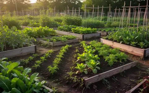 Ein sonnendurchfluteter Gemüsegarten mit ordentlichen Beeten und grünen Pflanzen in natürlichem Licht. - Foto: über boerse-global.de