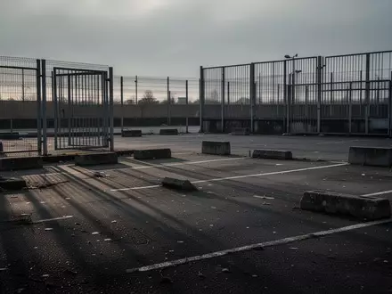Ein leerer, verlassener Parkplatz mit Asphaltboden und Sicherheitszäunen bei dämmrigem Licht. - Foto: über boerse-global.de