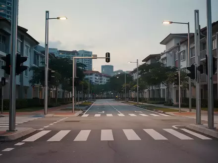 Ein moderner Fußgängerüberweg mit Ampelmasten in einem Wohngebiet in Singapur bei Dämmerung. - Foto: über boerse-global.de