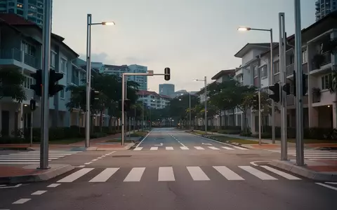 Ein moderner Fußgängerüberweg mit Ampelmasten in einem Wohngebiet in Singapur bei Dämmerung. - Foto: über boerse-global.de
