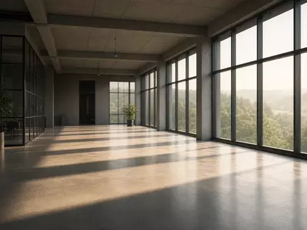 Modernes, leeres Bürogebäude mit Blick in die Natur bei natürlichem Tageslicht. - Foto: über boerse-global.de