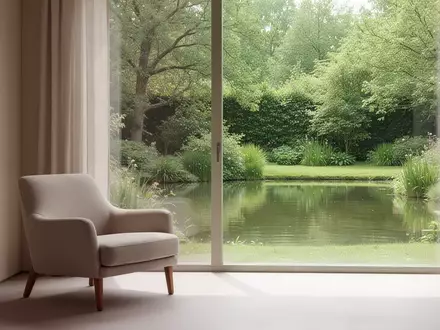 Ein ruhiger, sonnendurchfluteter Raum mit einem Sessel vor einem Fenster mit Blick in einen grünen Garten. - Foto: über boerse-global.de
