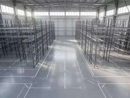 Weite, leere Lagerhalle mit glattem Industrieboden und präzisen Bodenmarkierungen in einer modernen Fertigungsanlage. - Foto: über boerse-global.de