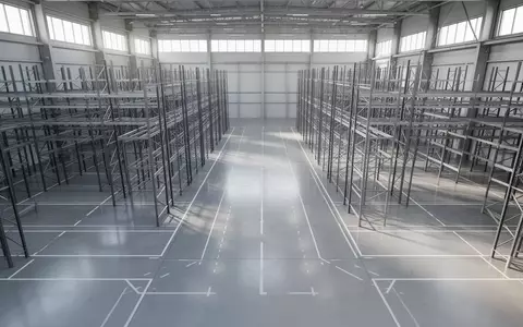 Weite, leere Lagerhalle mit glattem Industrieboden und präzisen Bodenmarkierungen in einer modernen Fertigungsanlage. - Foto: über boerse-global.de