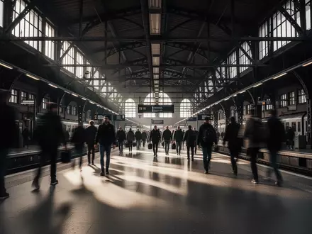 Ein belebter, unscharfer Bahnhofsbereich mit hohen Decken und Stahlträgern in einer deutschen Stadt. - Foto: über boerse-global.de