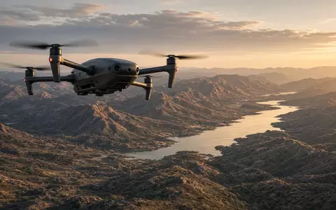 Eine hochmoderne autonome Drohne fliegt über eine weitläufige, raue Landschaft bei Sonnenuntergang. - Foto: über boerse-global.de