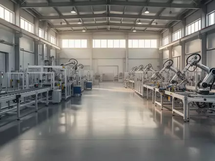 Eine moderne, weitläufige Industriehalle mit Fertigungsstraßen und mechanischen Anlagen in hellem Tageslicht. - Foto: über boerse-global.de