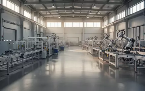 Eine moderne, weitläufige Industriehalle mit Fertigungsstraßen und mechanischen Anlagen in hellem Tageslicht. - Foto: über boerse-global.de
