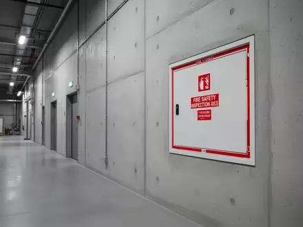 Ein minimalistischer Industrieflur mit einem diskreten Zugang zu sicherheitstechnischen Anlagen an einer Betonwand. - Foto: über boerse-global.de