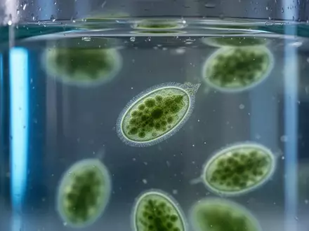 Mikroskopische Aufnahme von einzelligen Algen in einer FlĂĽssigkeit, die von blauem Licht beleuchtet werden. - Foto: ĂĽber boerse-global.de