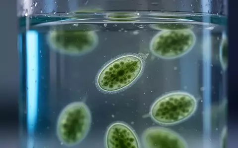 Mikroskopische Aufnahme von einzelligen Algen in einer Flüssigkeit, die von blauem Licht beleuchtet werden. - Foto: über boerse-global.de