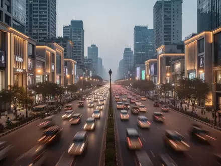 Eine moderne, belebte Geschäftsstraße in einer indischen Großstadt bei Dämmerung mit dem Fokus auf Architektur und Stadtbild. - Foto: über boerse-global.de