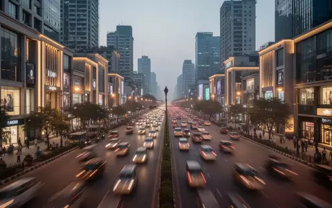 Eine moderne, belebte Geschäftsstraße in einer indischen Großstadt bei Dämmerung mit dem Fokus auf Architektur und Stadtbild. - Foto: über boerse-global.de