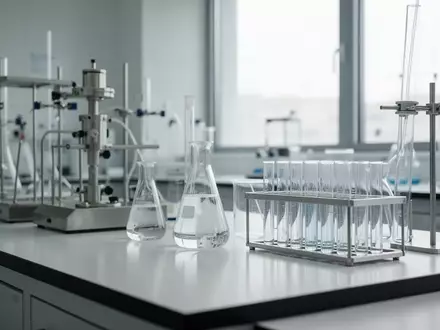Ein steriles, modern ausgestattetes medizinisches Forschungslabor mit Glasgefäßen und Laborgeräten auf einem Arbeitstisch. - Foto: über boerse-global.de