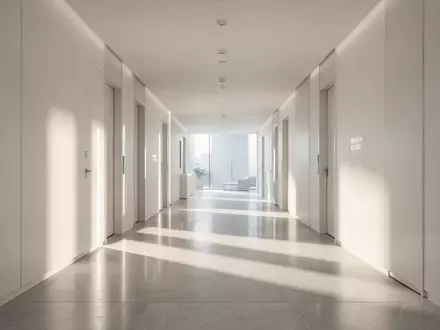 Ein heller, minimalistischer Klinikflur mit poliertem Boden und sanftem Tageslicht. - Foto: über boerse-global.de
