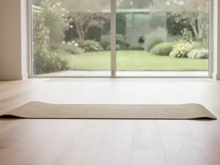 Ein minimalistischer, heller Therapieraum mit einer leeren Yogamatte auf einem Holzboden und Blick in einen sonnigen Garten. - Foto: über boerse-global.de