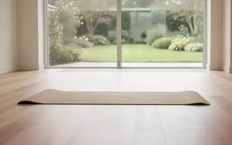 Ein minimalistischer, heller Therapieraum mit einer leeren Yogamatte auf einem Holzboden und Blick in einen sonnigen Garten. - Foto: über boerse-global.de