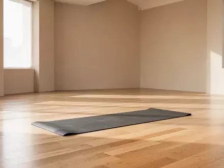 Eine leere, lichtdurchflutete Trainingsmatte auf einem hellen Holzboden in einem minimalistischen, ruhigen Übungsraum. - Foto: über boerse-global.de