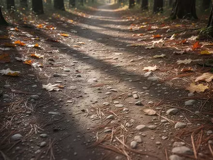 Ein unbefestigter Waldweg mit Erde und Kies, umgeben von herbstlichen Blättern und Nadeln bei natürlichem Licht. - Foto: über boerse-global.de