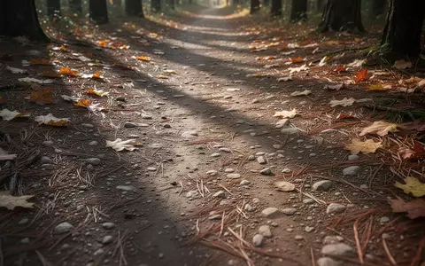 Ein unbefestigter Waldweg mit Erde und Kies, umgeben von herbstlichen Blättern und Nadeln bei natürlichem Licht. - Foto: über boerse-global.de