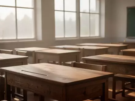 Ein leerer, sonnendurchfluteter Klassenraum mit Holzpulten in einer ruhigen, konzentrierten Atmosphäre. - Foto: über boerse-global.de
