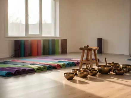 Ein heller, minimalistischer Yogaraum mit ordentlich aufgerollten Yogamatten und Klangschalen auf einem Holzboden. - Foto: über boerse-global.de