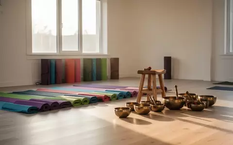 Ein heller, minimalistischer Yogaraum mit ordentlich aufgerollten Yogamatten und Klangschalen auf einem Holzboden. - Foto: über boerse-global.de