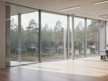 Heller, moderner Forschungs- und Entwicklungsbereich in einem skandinavischen Gebäude mit Blick auf eine Waldlandschaft. - Foto: über boerse-global.de