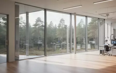 Heller, moderner Forschungs- und Entwicklungsbereich in einem skandinavischen Gebäude mit Blick auf eine Waldlandschaft. - Foto: über boerse-global.de