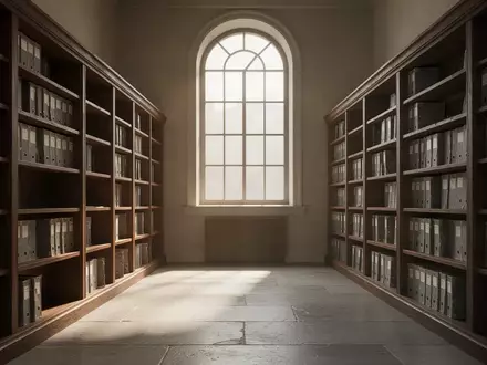 Leere, staubige Aktenregale in einem historischen Archivraum eines Amtsgerichts mit einfallendem Tageslicht. - Foto: über boerse-global.de