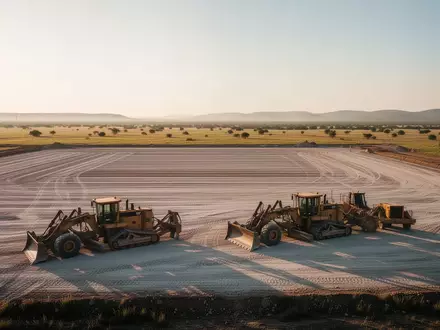 Weite, unerschlossene Baufläche in der texanischen Prärie bei Sonnenuntergang mit schwerem Baustellengerät im Vordergrund. - Foto: über boerse-global.de