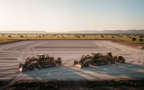 Weite, unerschlossene Baufläche in der texanischen Prärie bei Sonnenuntergang mit schwerem Baustellengerät im Vordergrund. - Foto: über boerse-global.de