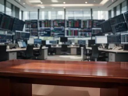 Ein moderner, verschwommener Börsenhandelssaal mit einem leeren Schreibtisch im Vordergrund. - Foto: über boerse-global.de