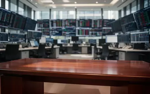 Ein moderner, verschwommener Börsenhandelssaal mit einem leeren Schreibtisch im Vordergrund. - Foto: über boerse-global.de