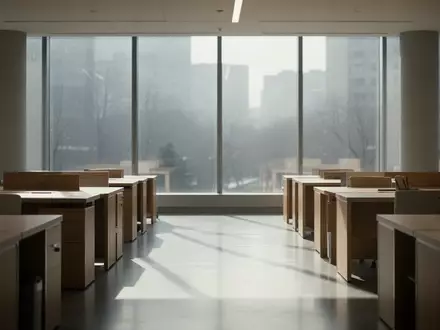 Ein minimalistischer, moderner Büroraum mit leeren Schreibtischen und großen Fenstern bei natürlichem Tageslicht. - Foto: über boerse-global.de
