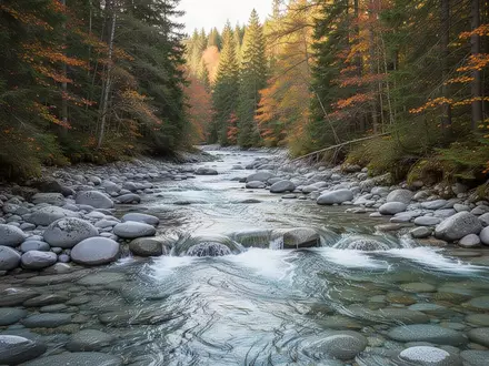 Ein klarer, naturbelassener Fluss, der über glatte Steine in einem herbstlichen Wald fließt. - Foto: über boerse-global.de