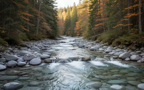 Ein klarer, naturbelassener Fluss, der über glatte Steine in einem herbstlichen Wald fließt. - Foto: über boerse-global.de