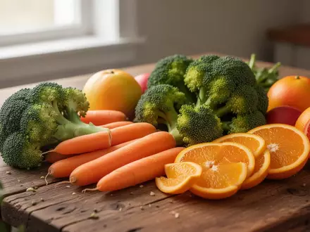 Frisches, rohes Gemüse und Obst auf einem rustikalen Holztisch bei natürlichem Tageslicht. - Foto: über boerse-global.de
