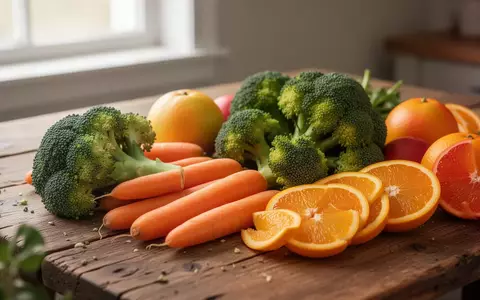 Frisches, rohes Gemüse und Obst auf einem rustikalen Holztisch bei natürlichem Tageslicht. - Foto: über boerse-global.de