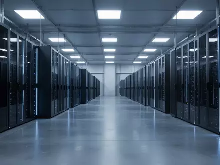 Modernes Rechenzentrum mit dunklen Serverracks in kühler blauer Beleuchtung. - Foto: über boerse-global.de