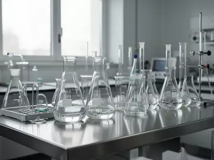 Laborumgebung mit wissenschaftlichen Glasgeräten auf einem Edelstahltisch in einem modernen Forschungslabor. - Foto: über boerse-global.de