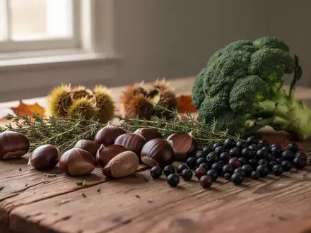 Eine Auswahl an herbstlichen Lebensmitteln wie Maronen, Thymian, Beeren und Brokkoli auf einem rustikalen Holztisch. - Foto: über boerse-global.de