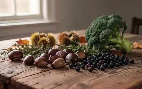 Eine Auswahl an herbstlichen Lebensmitteln wie Maronen, Thymian, Beeren und Brokkoli auf einem rustikalen Holztisch. - Foto: ĂŒber boerse-global.de
