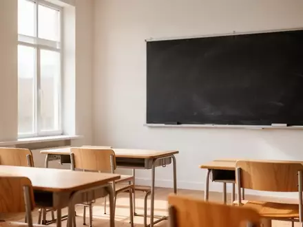 Ein leerer, sonnendurchfluteter Klassenraum mit modernen Holztischen und einer leeren Tafel. - Foto: über boerse-global.de